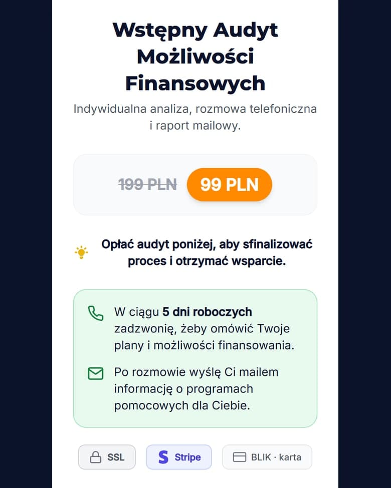 The Ekspert od Dotacji website on a phone: Stripe payments