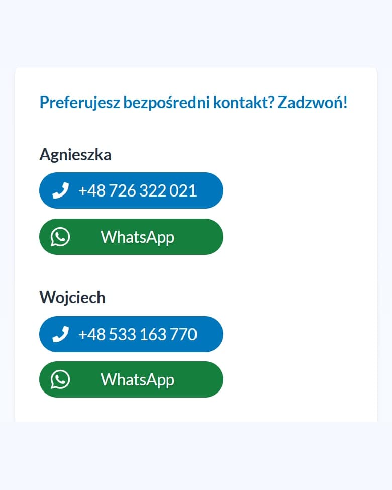 The Primo Dotacje website on a phone: Tap to call, or WhatsApp