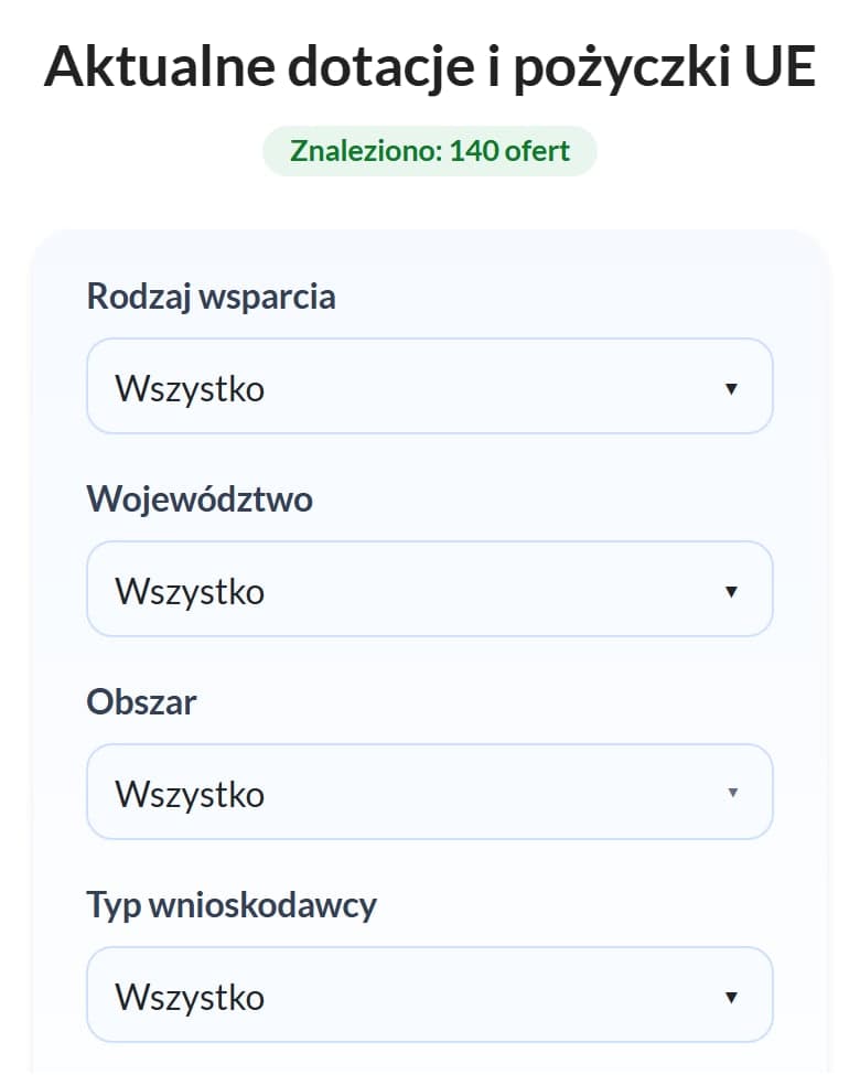 The Primo Dotacje website on a phone: Offers with filters