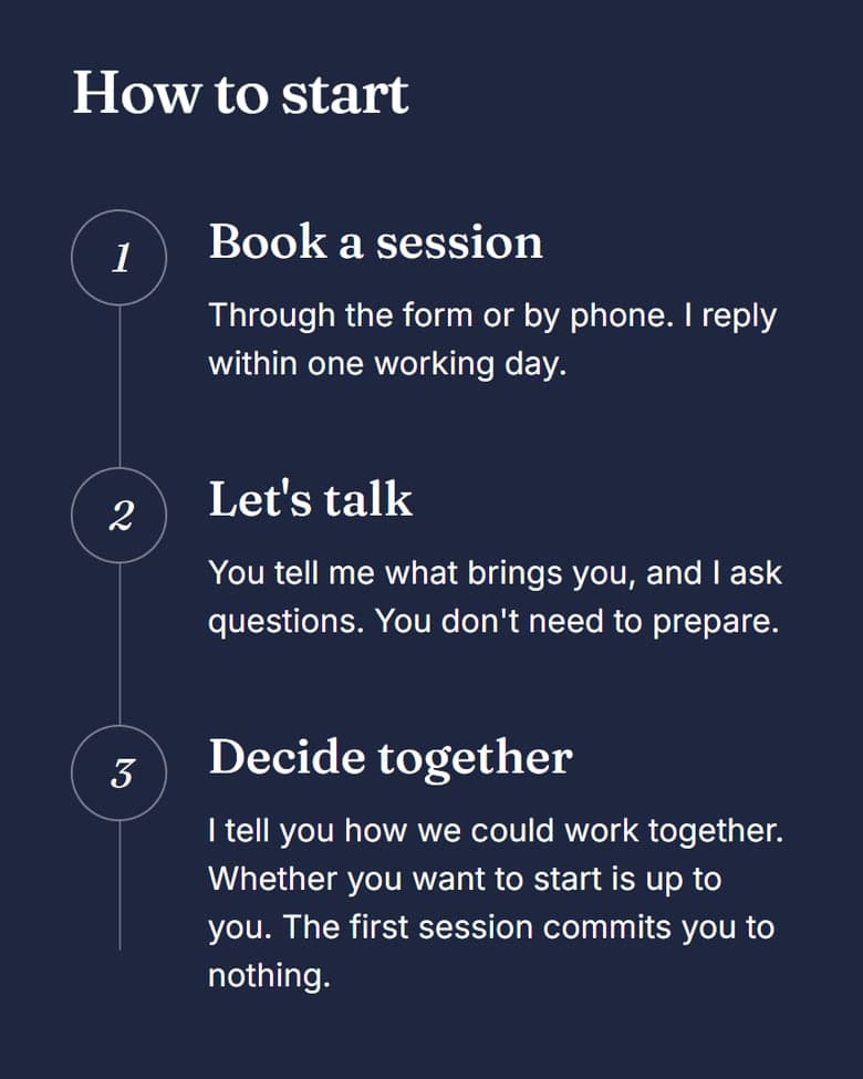 The Open Sky Therapy website on a phone: The first visit, step by step